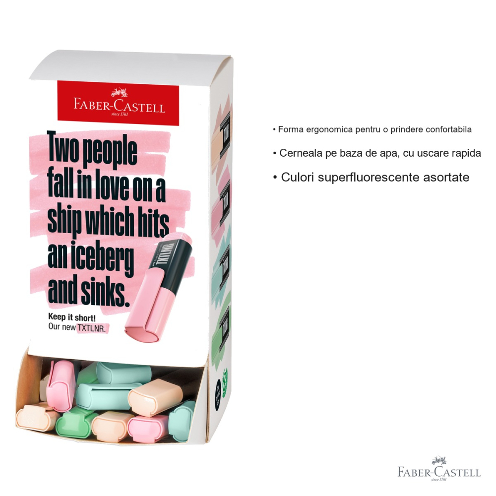 Display 60 textmarkere mini pastel Faber-Castell, varf tesit, culori superfluorescente, pentru evidentiere text [3]
