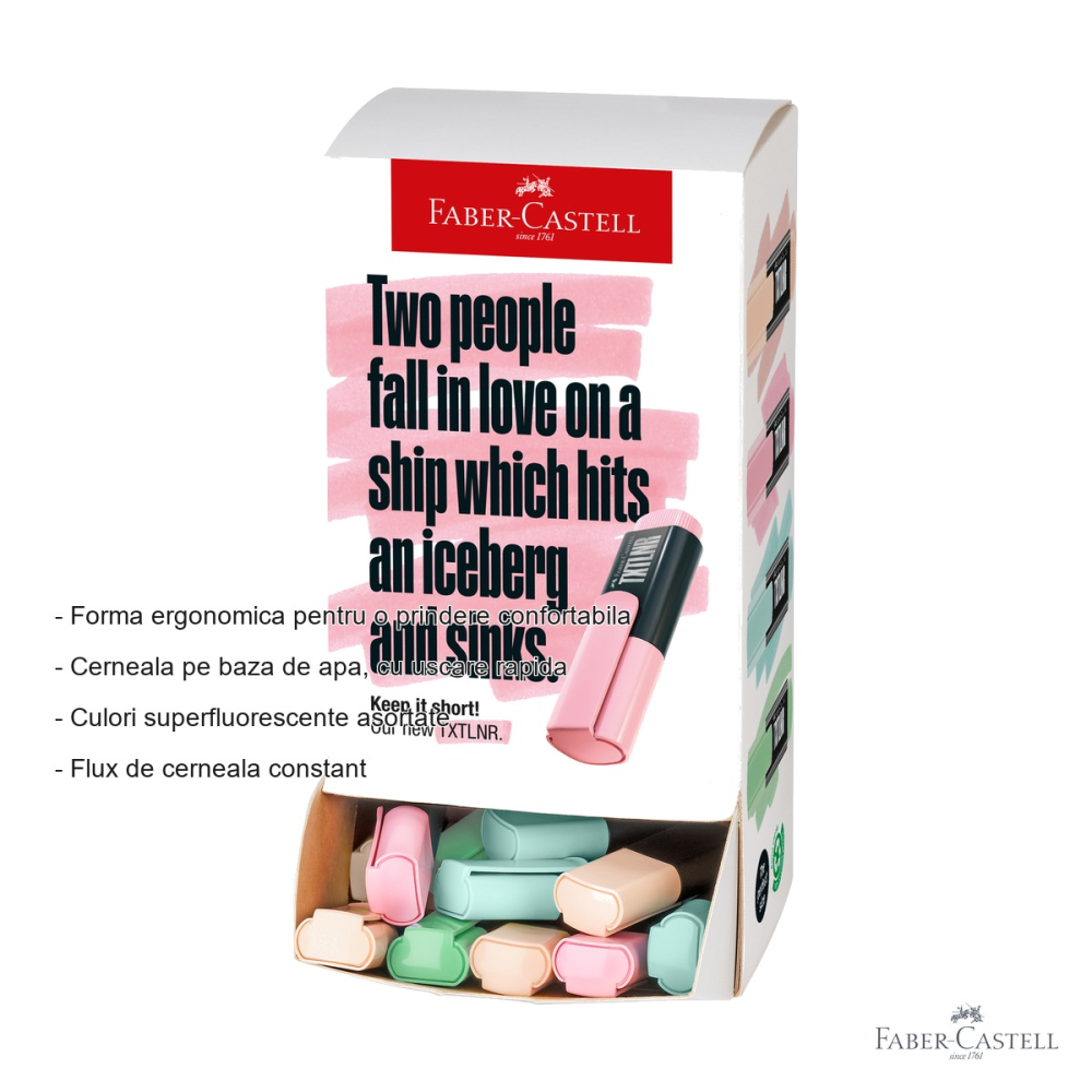 Display 60 textmarkere mini pastel Faber-Castell, varf tesit, culori superfluorescente, pentru evidentiere text [2]