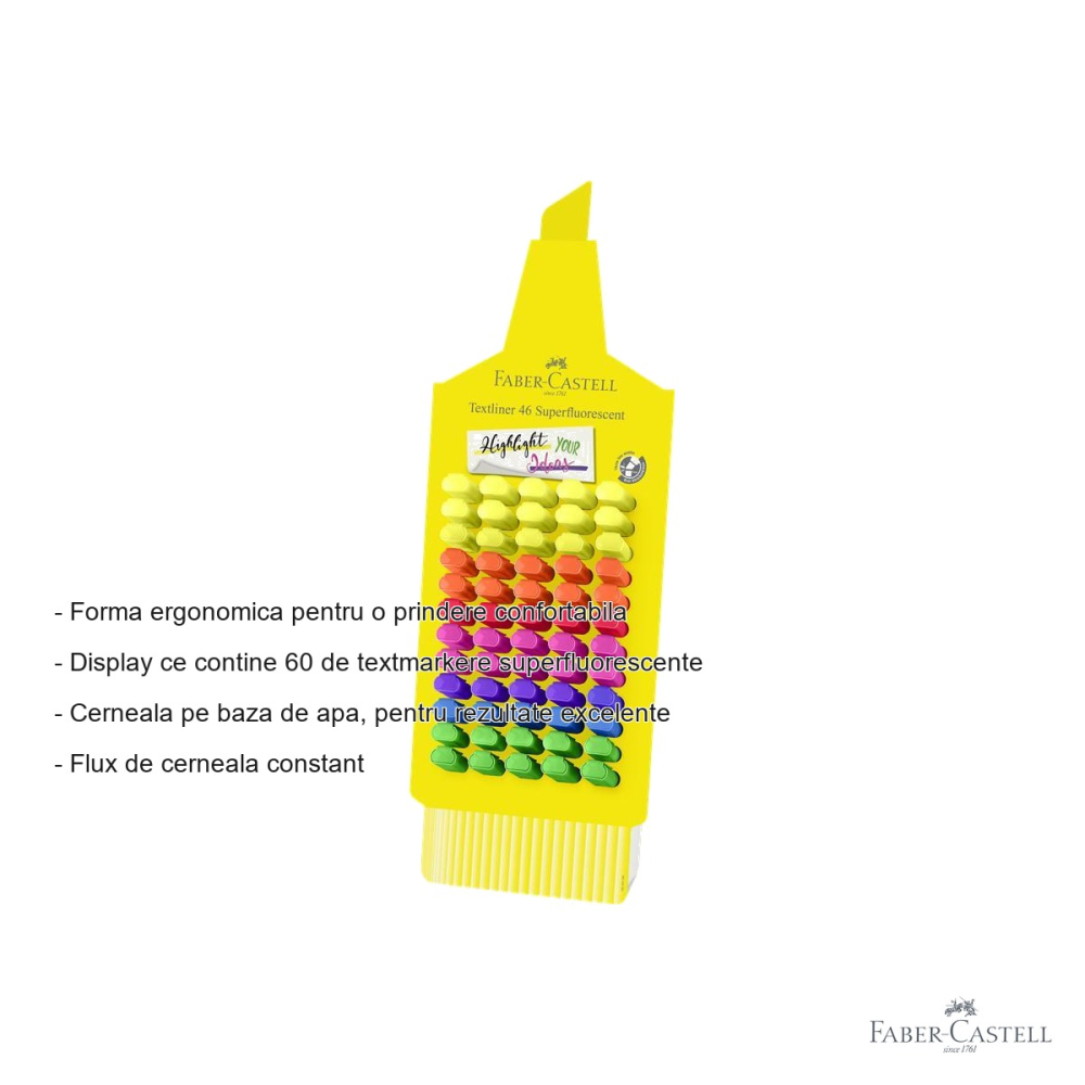 Display 60 textmarkere superfluorescente Faber-Castell, varf tesit, cerneala pe baza de apa, pentru birou si scoala [2]