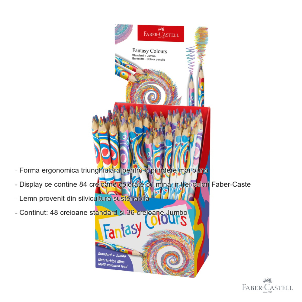 Display 84 creioane colorate Faber-Castell Standard si Jumbo, forma triunghiulara ergonomica, multicolor Fantasy [2]
