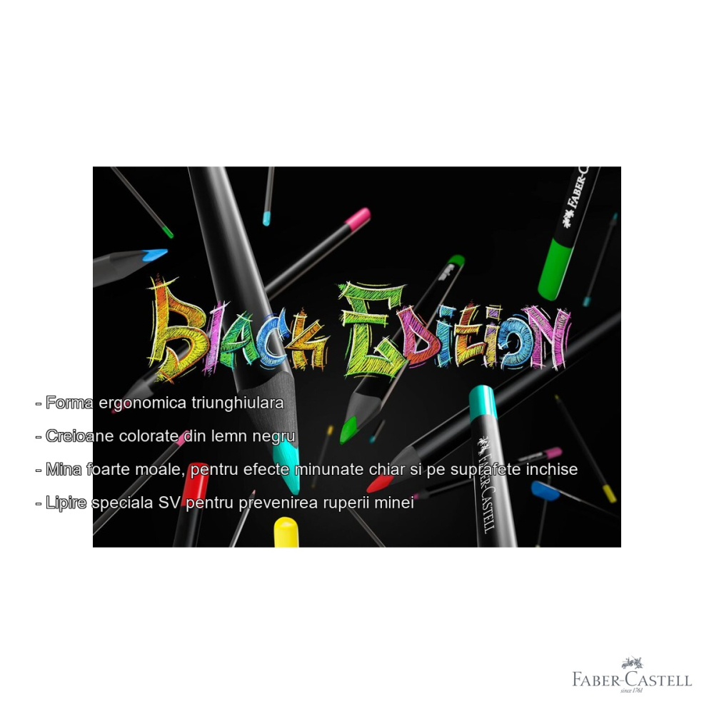 Display concept creioane colorate Black Edition 2025 Faber-Castell, mina moale, lemn negru, set asortit [2]
