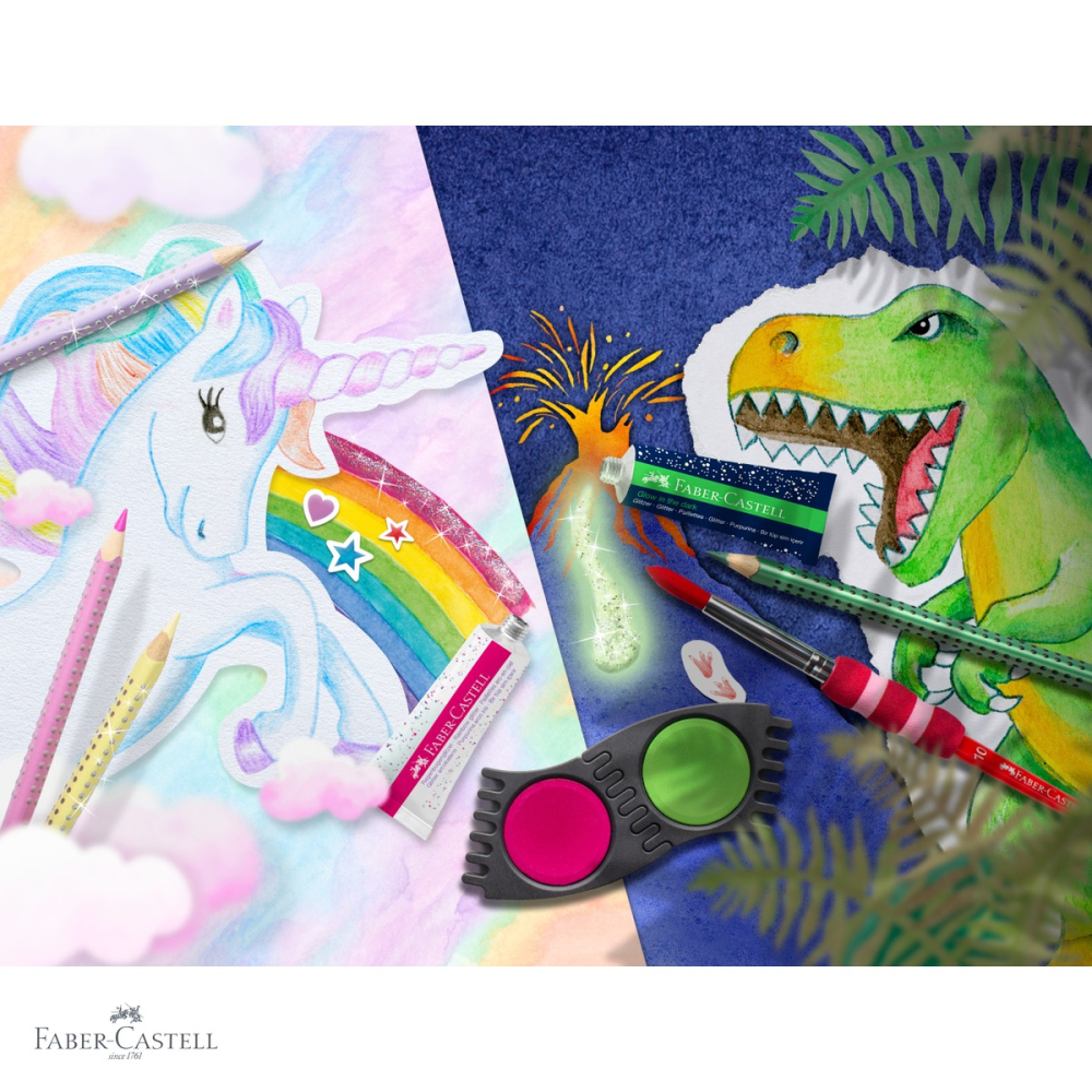 Display concept unicorni si dinozauri Faber-Castell 2024, set creioane colorate, acuarele si pensule, pentru copii [4]