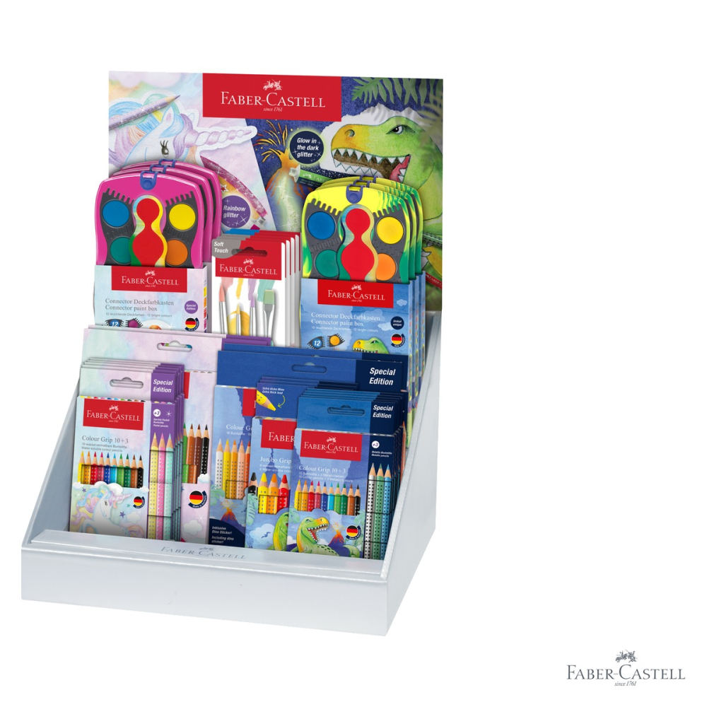 Display concept unicorni si dinozauri Faber-Castell 2024, set creioane colorate, acuarele si pensule, pentru copii [3]