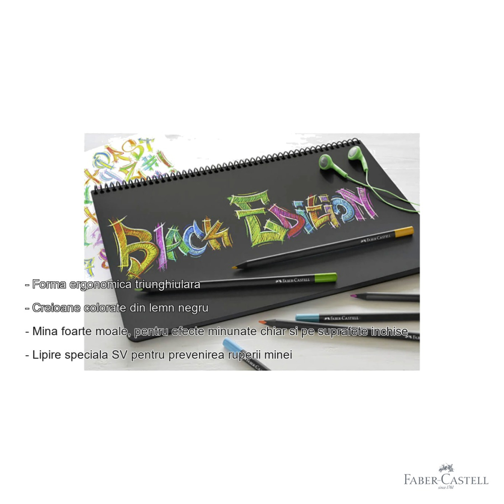 Display creioane colorate Faber-Castell Black Edition 2024, mina moale, set mixt pastel, neon, metalic, tonuri piele [2]