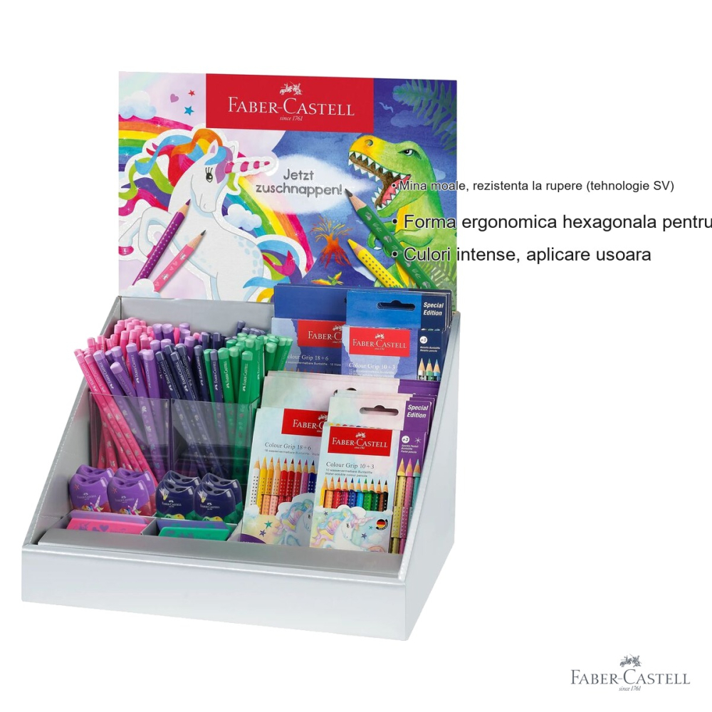 Display creioane Faber-Castell, motive unicorni si dinozauri, set complet pentru copii [3]