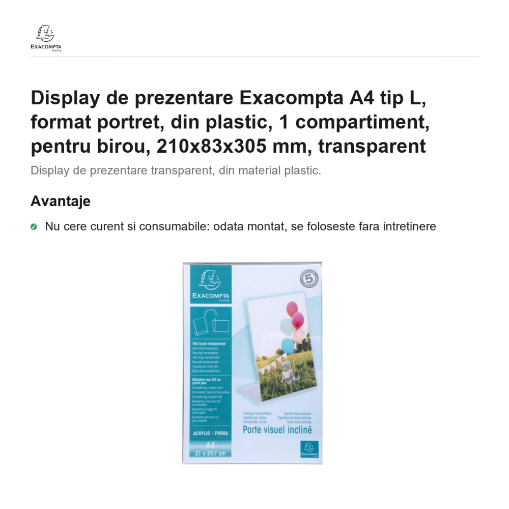 Display de prezentare Exacompta A4 tip L, format portret, din plastic, 1 compartiment, pentru birou, 210x83x305 mm, transparent [2]