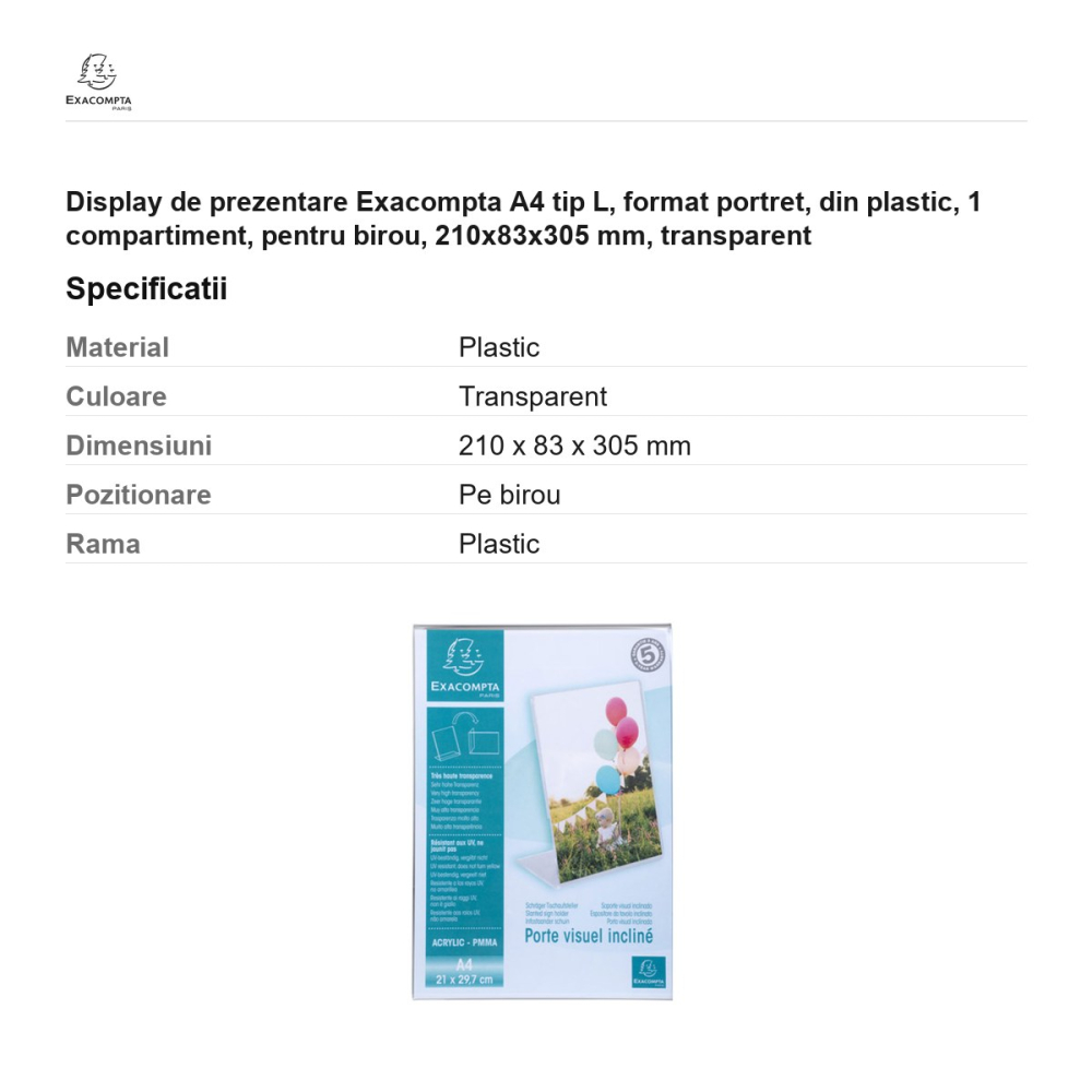 Display de prezentare Exacompta A4 tip L, format portret, din plastic, 1 compartiment, pentru birou, 210x83x305 mm, transparent [3]