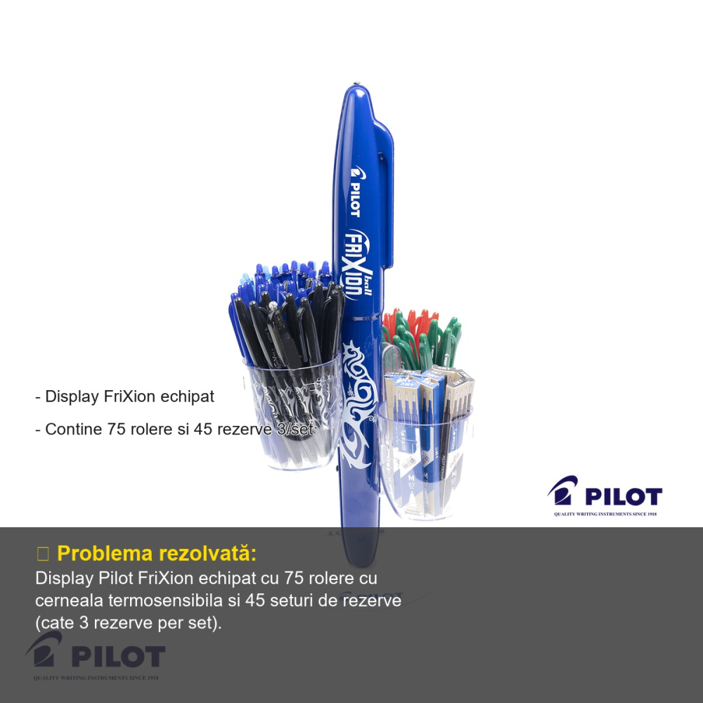Display echipat Pilot FriXion, set 75 rolere cu cerneala termosensibila si 45 seturi rezerve, pentru birou si scoala [2]