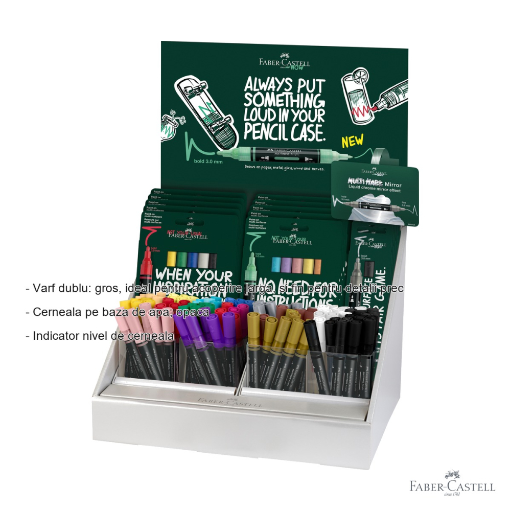 Display markere acrilice Faber-Castell Multimark, varf dublu, seturi si culori individuale, pentru diverse suprafete [2]