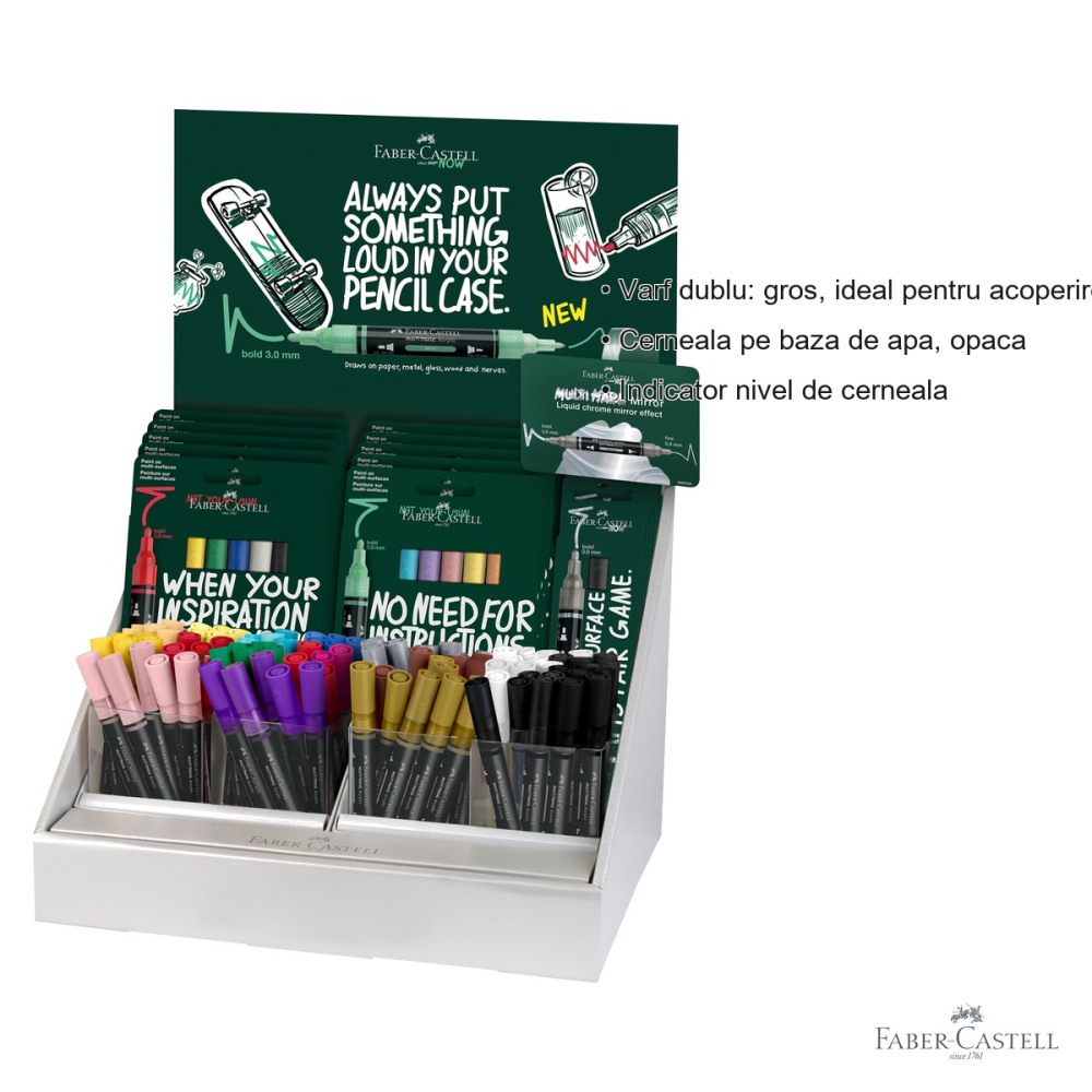 Display markere acrilice Faber-Castell Multimark, varf dublu, seturi si culori individuale, pentru diverse suprafete [3]