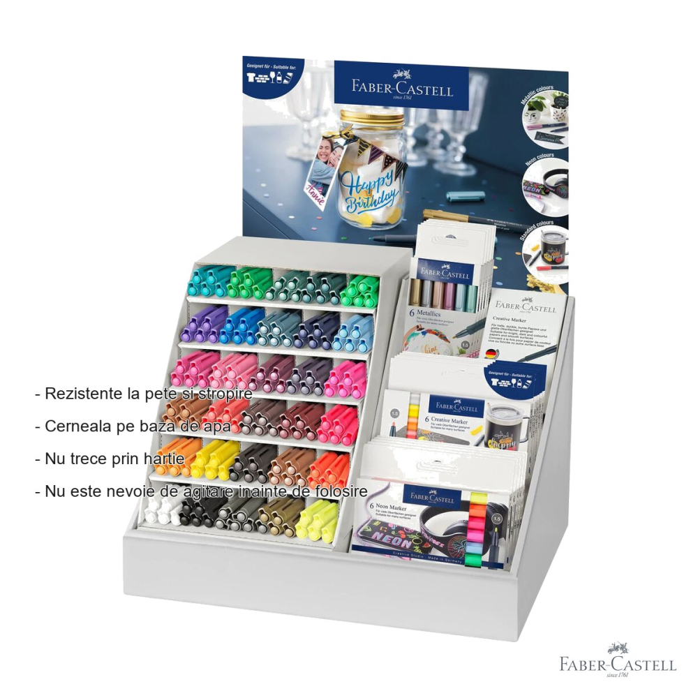 Display markere creative Faber-Castell 2024, varf 1.5 mm, 165 bucati, 30 culori + neon/metalice/vara, multisuprafata [2]