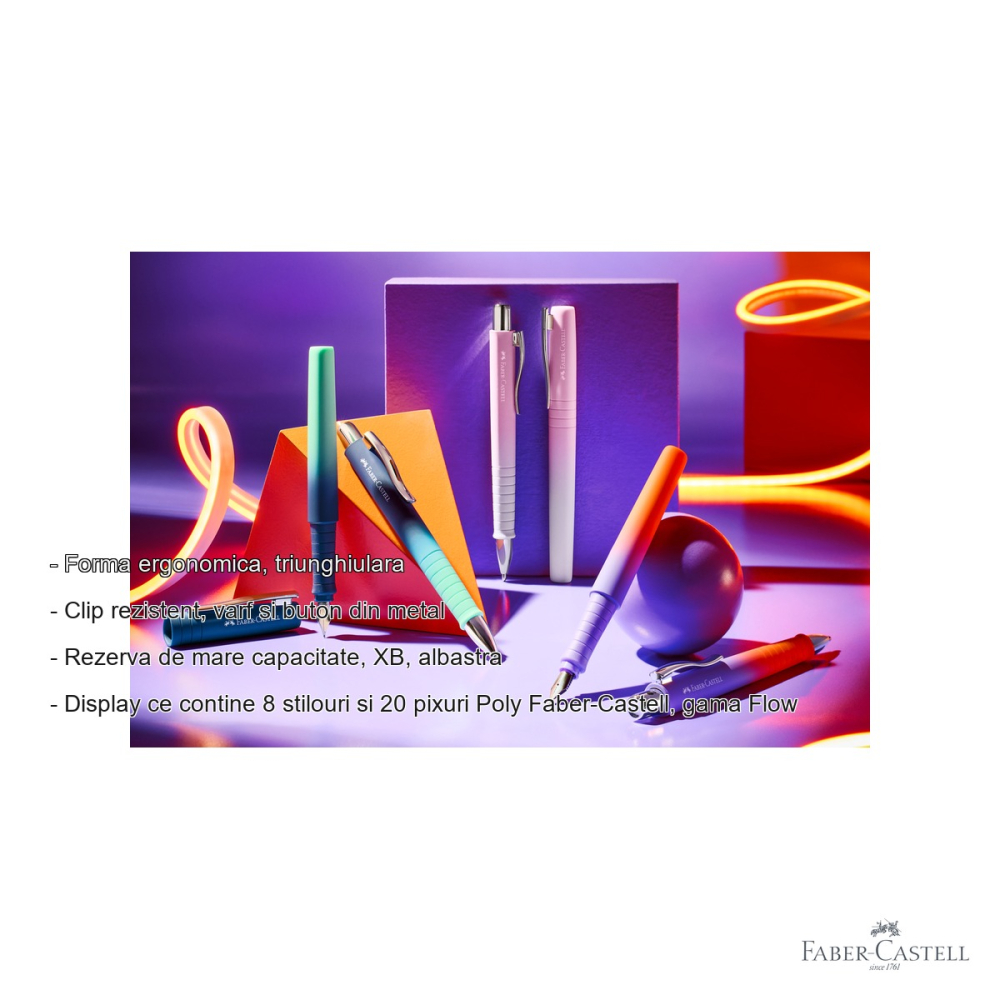 Display set 8 stilouri + 20 pixuri Faber-Castell Flow, forma ergonomica triunghiulara, pentru scoala si birou [2]
