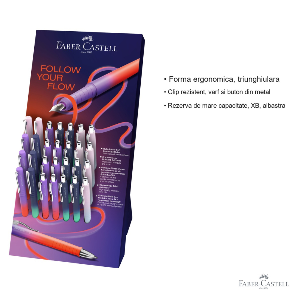 Display set 8 stilouri + 20 pixuri Faber-Castell Flow, forma ergonomica triunghiulara, pentru scoala si birou [3]