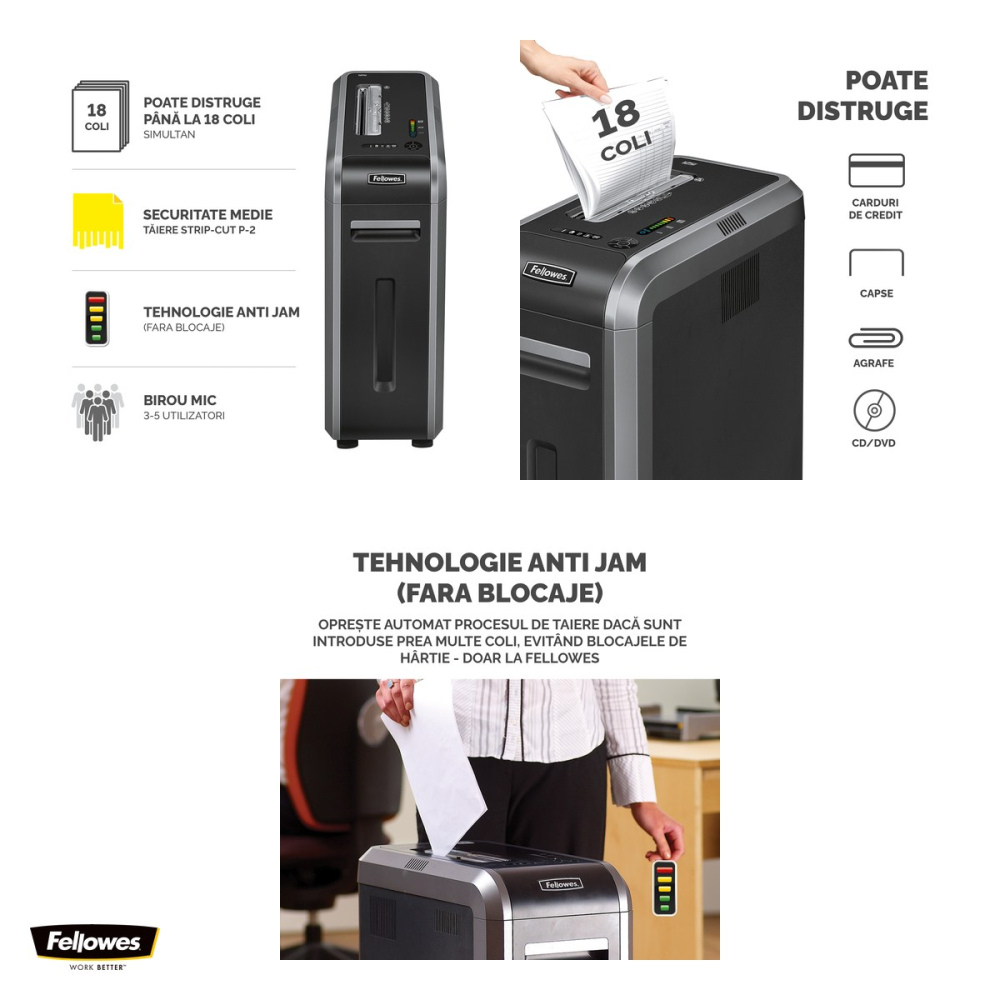 Distrugator de documente Fellowes 125i, taiere strip-cut P-2 in fasii de 5.8 mm, 20 coli, cos de 53 l, Jam Proof, SafeSense, pentru 3-5 utilizatori, 735x283x530 mm [4]