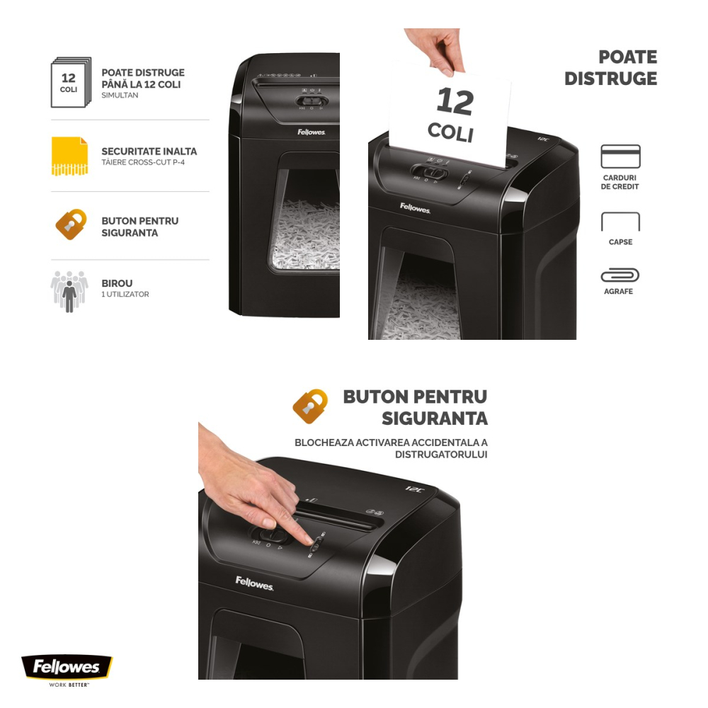 Distrugator de documente Fellowes 12C, taiere cross-cut in particule de 4x40 mm, 12 coli, cos de 19 l, Safety Lock, pentru uz individual, 470x341x246 mm [4]