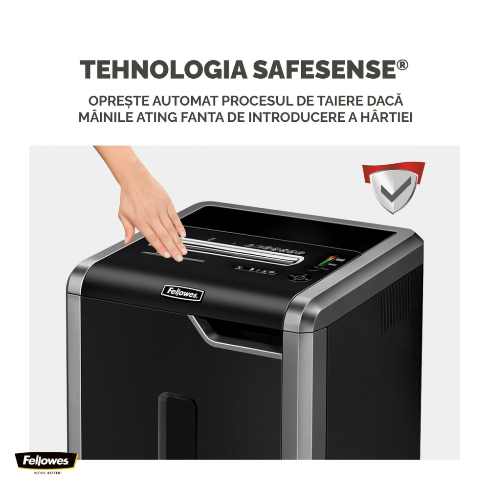 Distrugator de documente Fellowes 325i, taiere strip-cut P-2 in fasii de 5.8 mm, 24-26 coli, cos de 83 l, functionare continua, pentru peste 10 utilizatori, 885x507x455 mm [5]