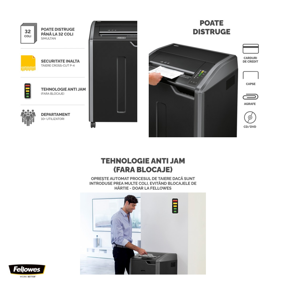 Distrugator de documente Fellowes 485Ci, taiere cross-cut P-4 in particule de 4x30 mm, 32 coli, cos de 132 l, ungere automata Auto Oil, functionare continua, 953x636x509 mm [4]