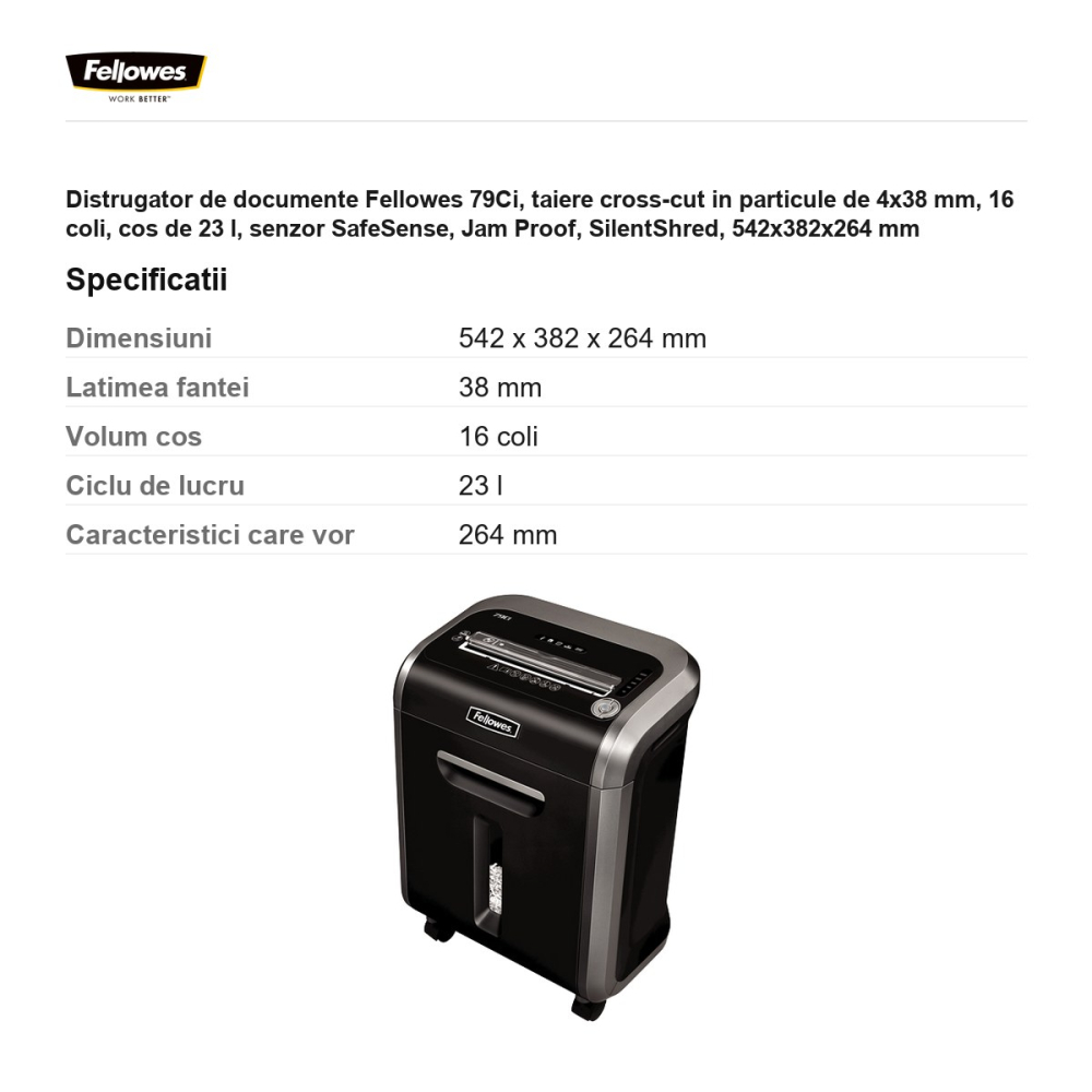 Distrugator de documente Fellowes 79Ci, taiere cross-cut in particule de 4x38 mm, 16 coli, cos de 23 l, senzor SafeSense, Jam Proof, SilentShred, 542x382x264 mm [3]