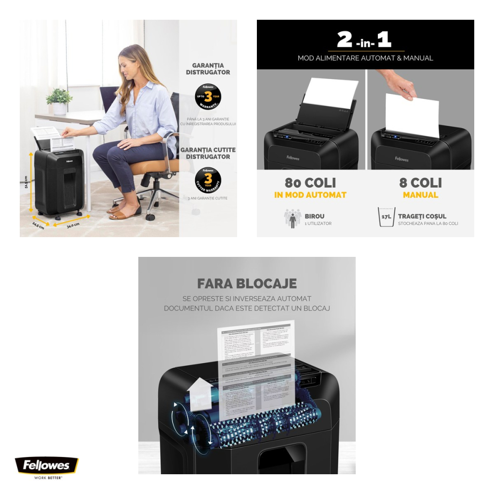 Distrugator de documente Fellowes 80M automat si manual, taiere mini-cut in particule de 4x12 mm, 80 coli, auto-reverse, pentru 1-2 utilizatori, 515x340x245 mm [4]