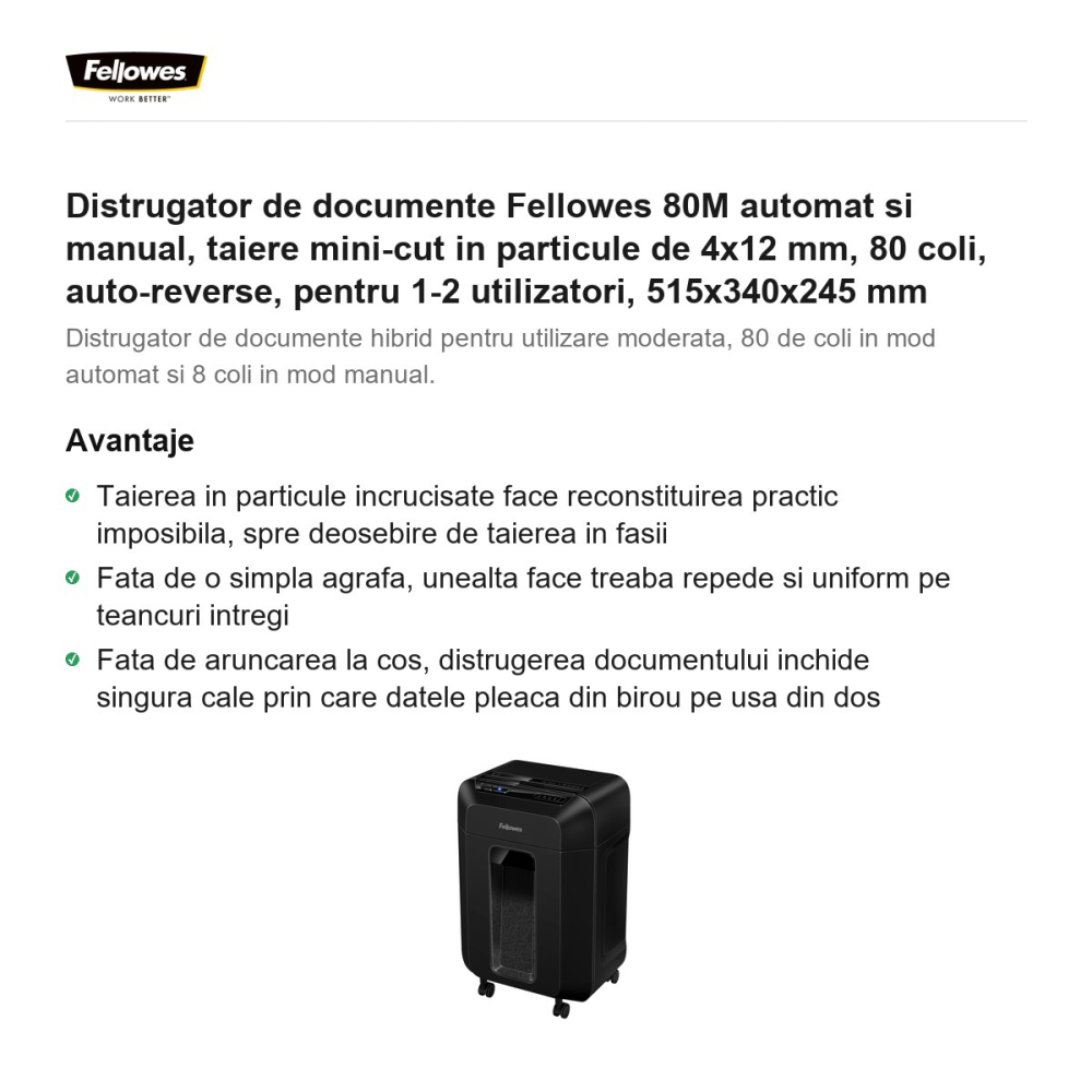 Distrugator de documente Fellowes 80M automat si manual, taiere mini-cut in particule de 4x12 mm, 80 coli, auto-reverse, pentru 1-2 utilizatori, 515x340x245 mm [2]