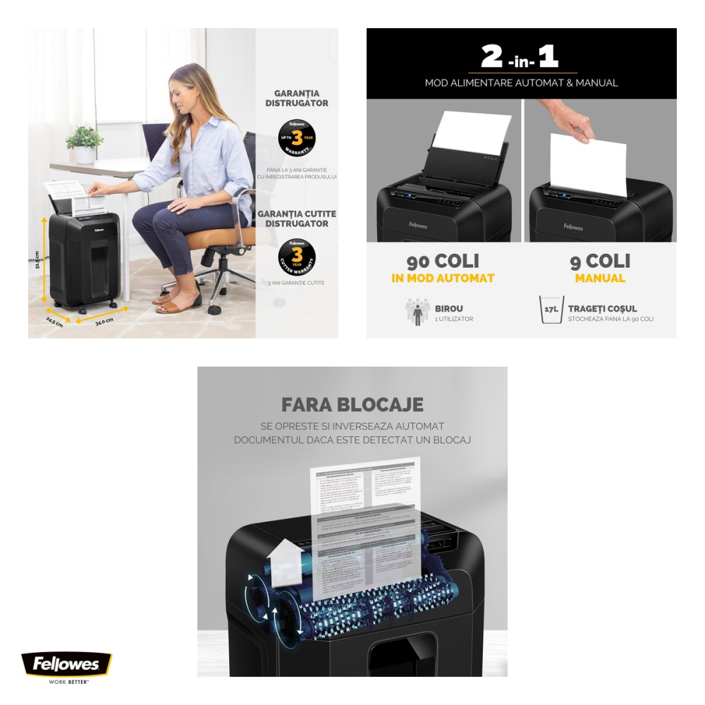Distrugator de documente Fellowes 90M automat si manual, taiere mini-cut in particule de 4x12 mm, 90 coli, auto-reverse, pentru 1 utilizator, 515x340x245 mm [4]