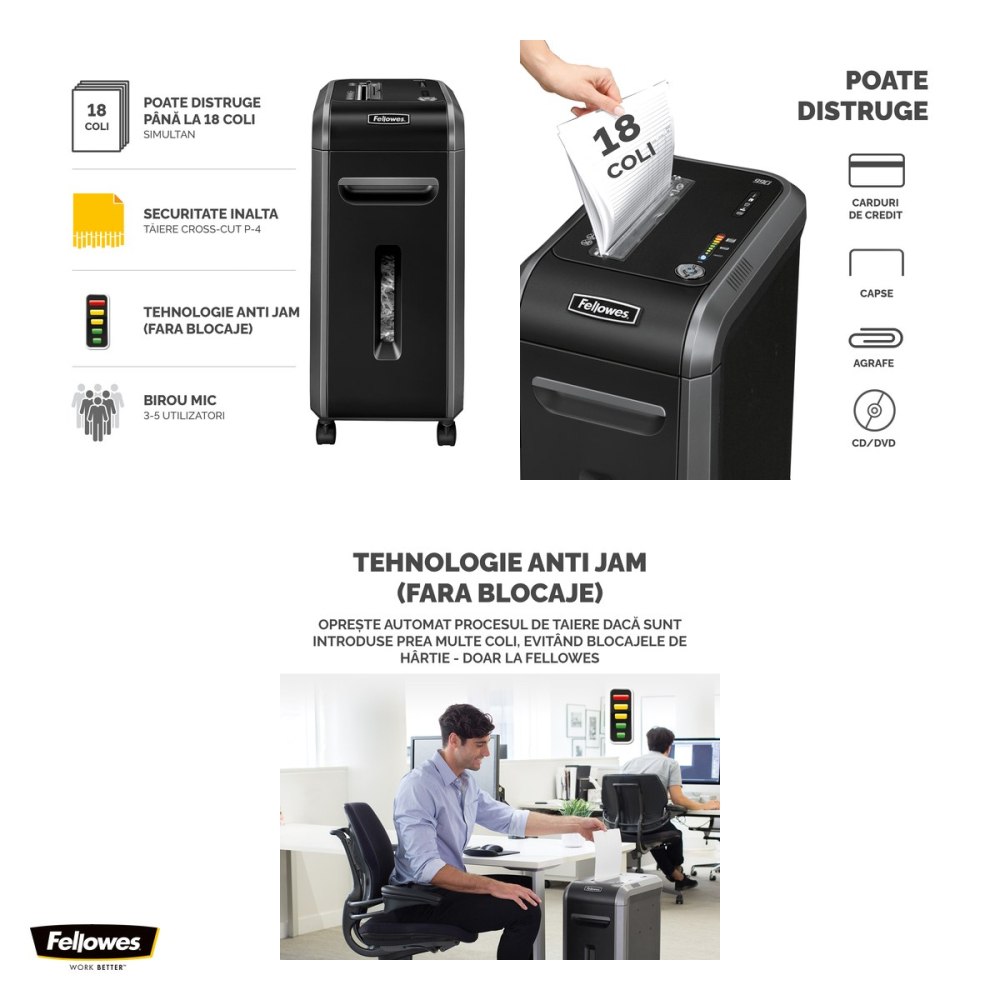 Distrugator de documente Fellowes 99Ci, taiere cross-cut P-4 in particule de 4x38 mm, 18 coli, cos de 34 l, Jam Proof, SilentShred, pentru 3-5 utilizatori, 640x290x440 mm [4]