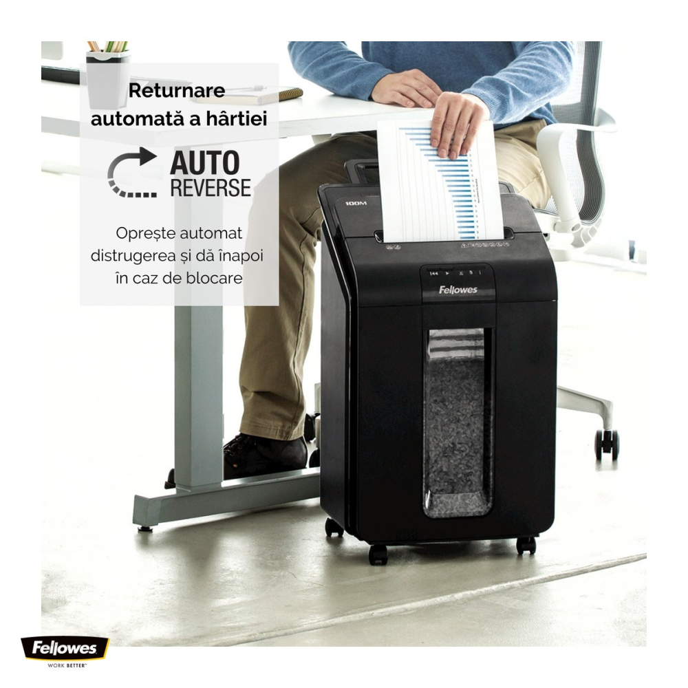 Distrugator de documente Fellowes AutoMax 100M automat, taiere cross-cut tip mini-cut P-4 in particule de 4x10 mm, 100 coli automat si 10 manual, cos de 23 l, pentru 1 utilizator, 673x384x365 mm [5]