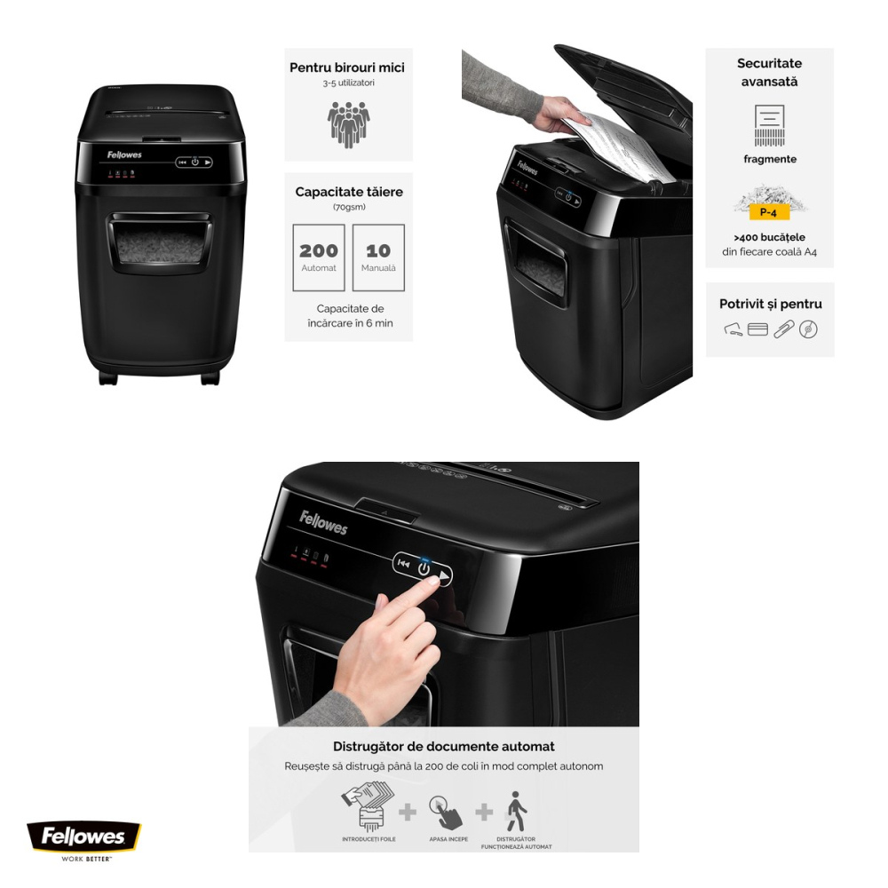 Distrugator de documente Fellowes AutoMax 200C automat, taiere cross-cut P-4 in particule de 4x38 mm, 200 coli automat si 10 manual, cos de 32 l, pentru 3-5 utilizatori, 563x346x507 mm [4]