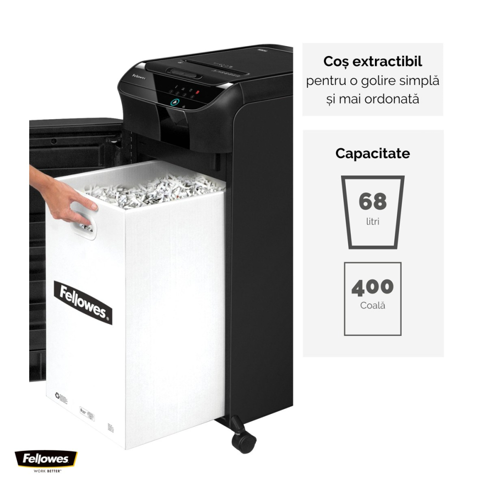 Distrugator de documente Fellowes AutoMax 350C automat, taiere cross-cut P-4 in particule de 4x38 mm, 350 coli automat si 12 manual, cos de 68 l, pentru 3-5 utilizatori, 813x390x578 mm [5]