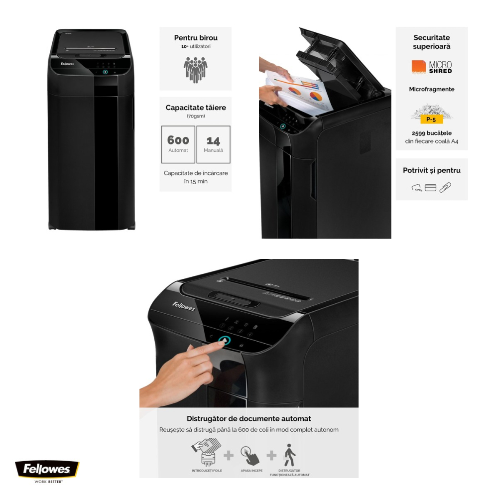Distrugator de documente Fellowes AutoMax 600M automat, taiere micro-cut in particule de 2x12 mm, 600 coli, functionare continua, SafetyLock, pentru peste 10 utilizatori, 890x441x578 mm [4]