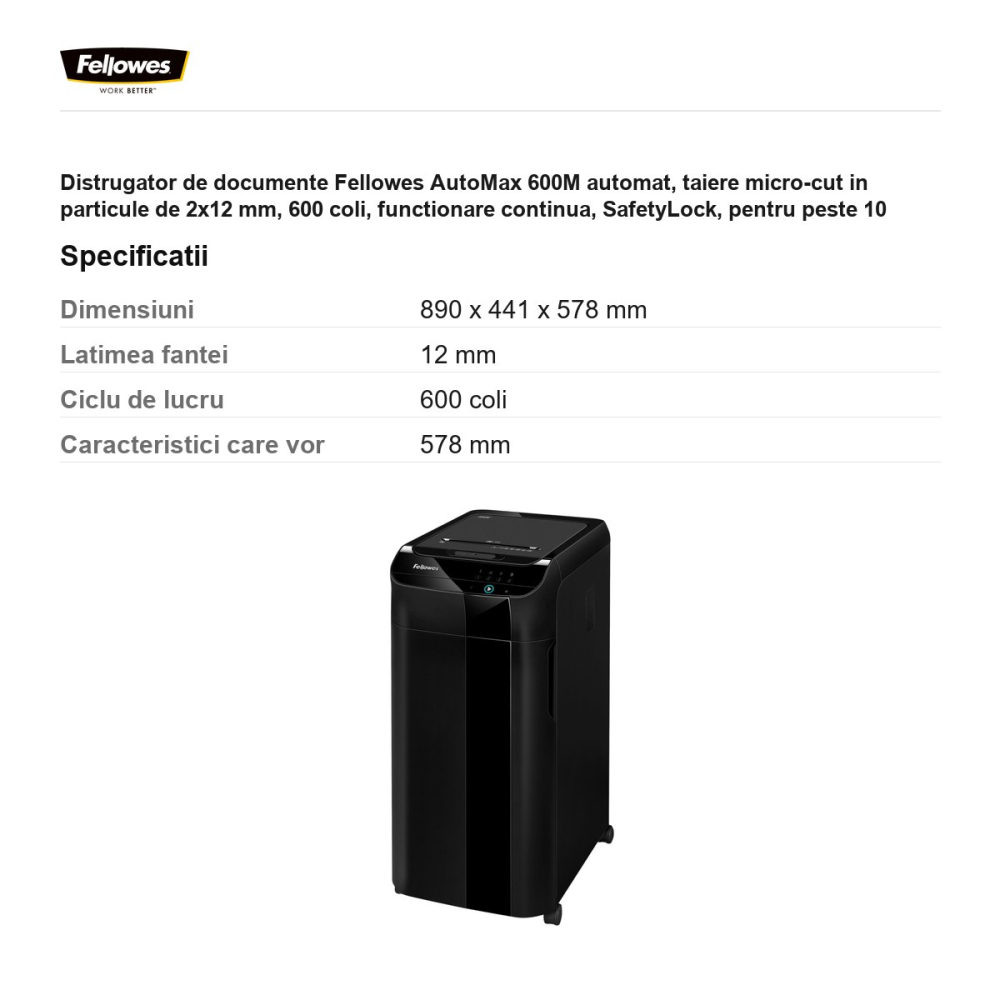 Distrugator de documente Fellowes AutoMax 600M automat, taiere micro-cut in particule de 2x12 mm, 600 coli, functionare continua, SafetyLock, pentru peste 10 utilizatori, 890x441x578 mm [3]