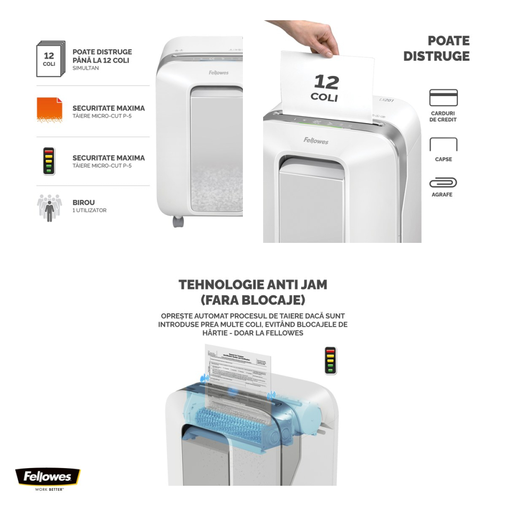 Distrugator de documente Fellowes LX201, taiere micro-cut P-5 in particule de 2x12 mm, 12 coli, cos de 22 l, Jam Proof, SafeSense, pentru acasa sau birou mic, 525x368x260 mm, alb [4]