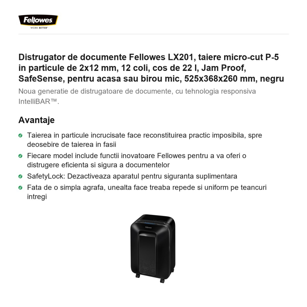 Distrugator de documente Fellowes LX201, taiere micro-cut P-5 in particule de 2x12 mm, 12 coli, cos de 22 l, Jam Proof, SafeSense, pentru acasa sau birou mic, 525x368x260 mm, negru [2]