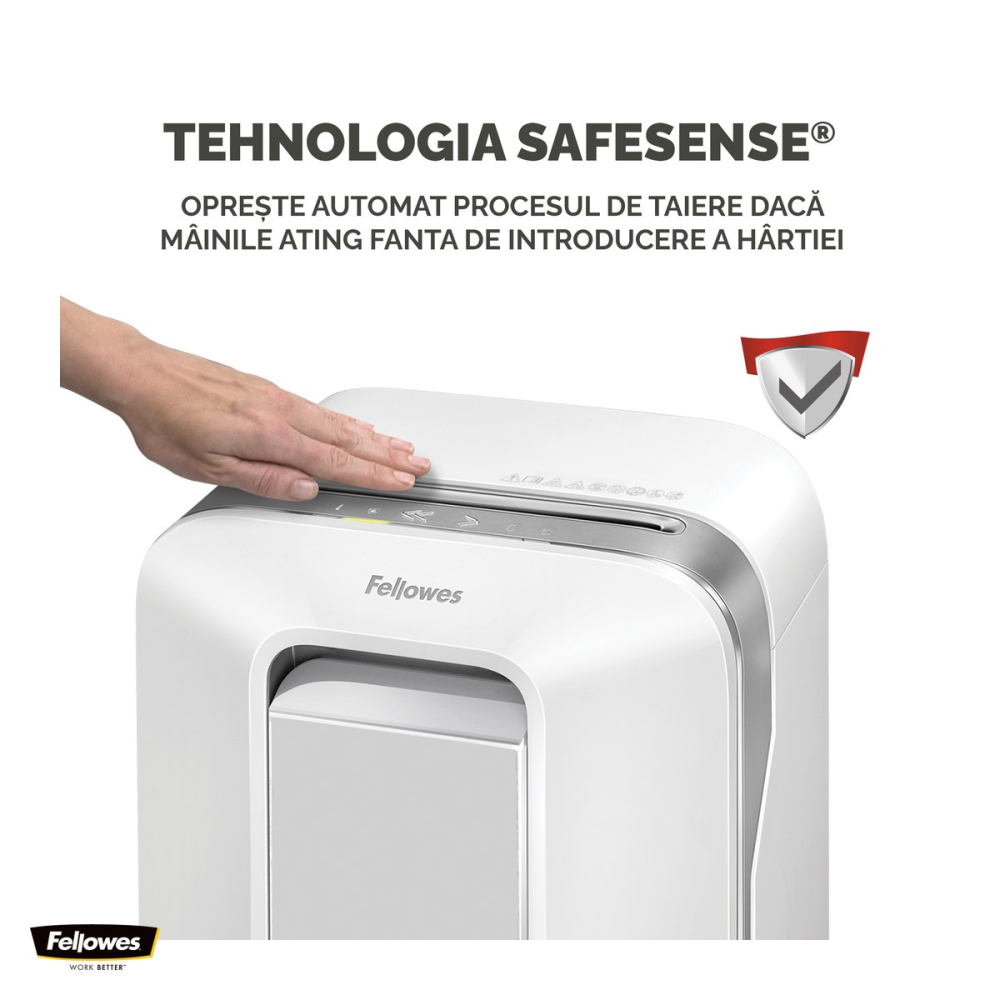 Distrugator de documente Fellowes LX201, taiere micro-cut P-5 in particule de 2x12 mm, 12 coli, cos de 22 l, Jam Proof, SafeSense, pentru acasa sau birou mic, 525x368x260 mm, alb [5]