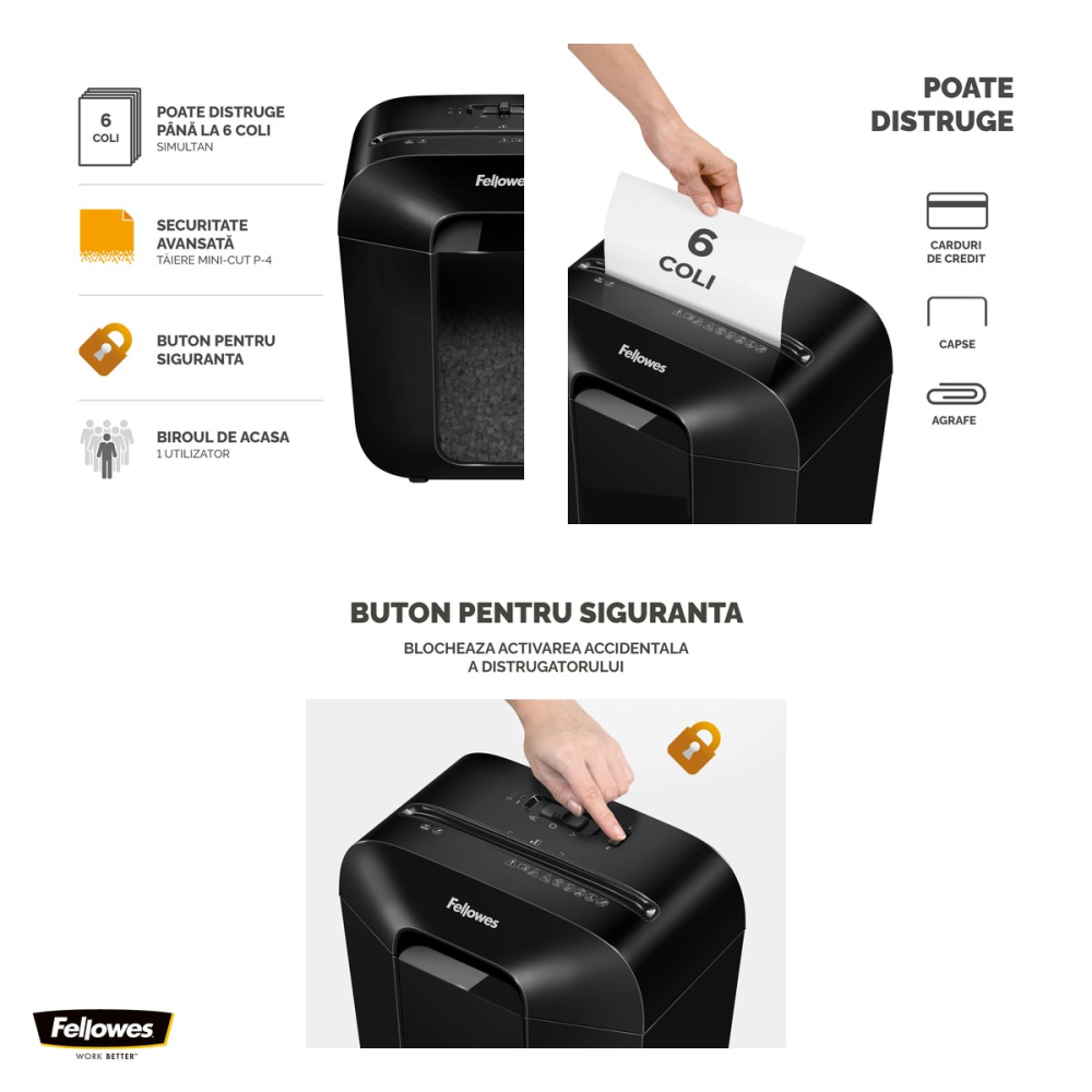 Distrugator de documente Fellowes LX25M, taiere micro-cut P-4 in particule de 4x12 mm, 6 coli, cos de 11.5 l, distruge agrafe, capse si carduri, 360x310x220 mm [4]