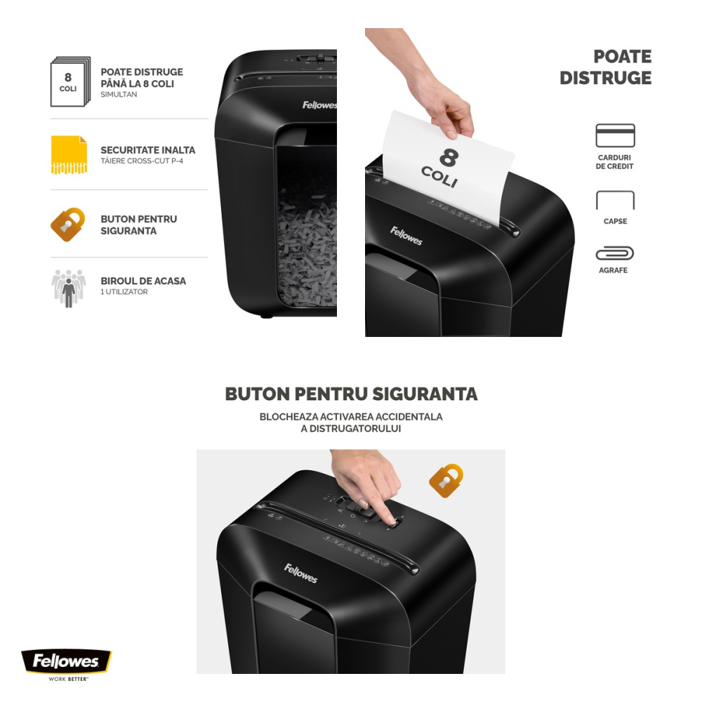 Distrugator de documente Fellowes LX45, taiere cross-cut P-4 in particule de 4x37 mm, 8 coli, cos de 17 l, distruge agrafe, capse si carduri, 401x310x220 mm [4]
