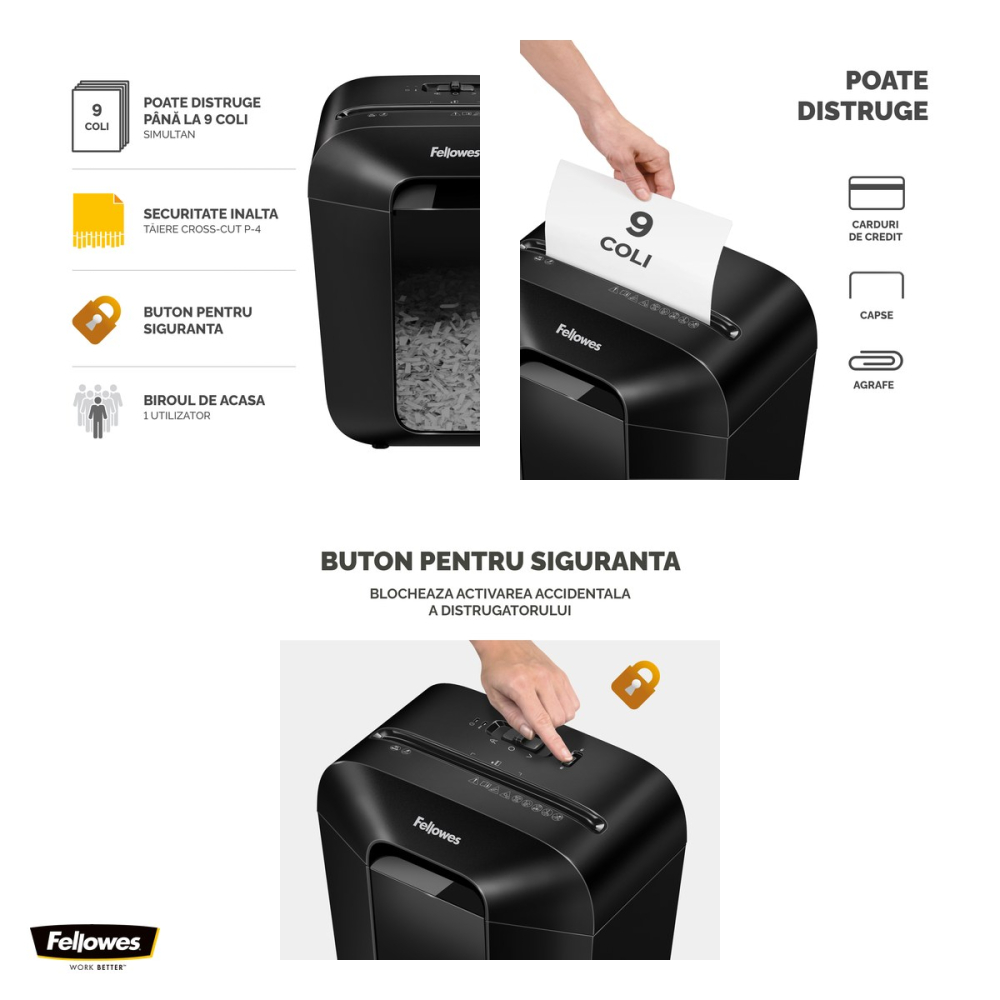 Distrugator de documente Fellowes LX50, taiere cross-cut P-4 in particule de 4x37 mm, 9 coli, cos de 17 l, distruge agrafe, capse si carduri, 401x310x220 mm [4]