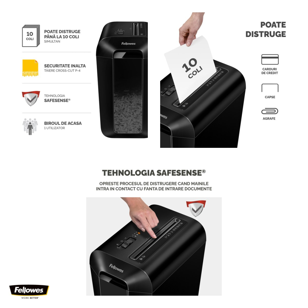 Distrugator de documente Fellowes LX65, taiere cross-cut P-4 in particule de 4x40 mm, 10 coli, cos de 22 l, senzor SafeSense, pentru biroul de acasa, 407x233x371 mm [4]