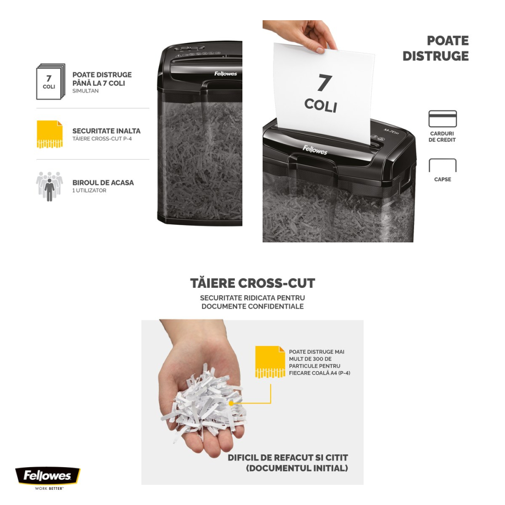 Distrugator de documente Fellowes M-7CM, taiere cross-cut in particule de 4x35 mm, 7 coli, cos de 13 l, pentru un birou mic sau pentru acasa, 1 utilizator, 387x320x186 mm [4]