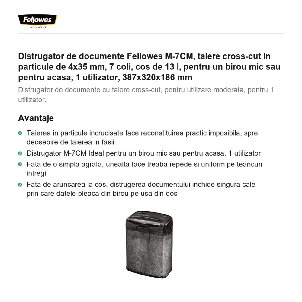 Distrugator de documente Fellowes M-7CM, taiere cross-cut in particule de 4x35 mm, 7 coli, cos de 13 l, pentru un birou mic sau pentru acasa, 1 utilizator, 387x320x186 mm [2]