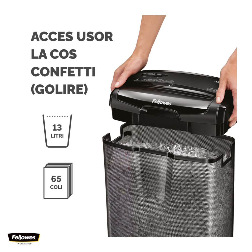 Distrugator de documente Fellowes M-7CM, taiere cross-cut in particule de 4x35 mm, 7 coli, cos de 13 l, pentru un birou mic sau pentru acasa, 1 utilizator, 387x320x186 mm [5]