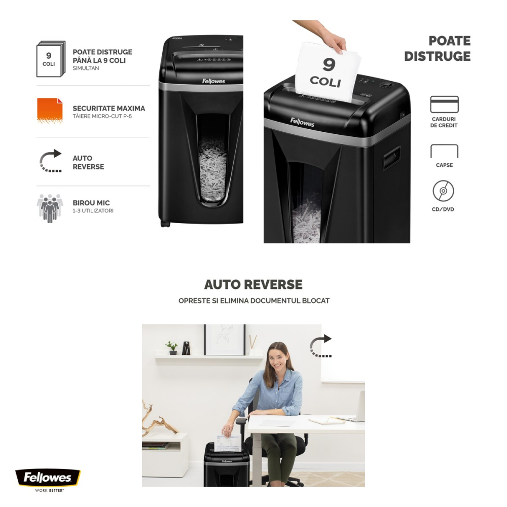 Distrugator de documente Fellowes MS-450, taiere micro-cut P-5 in particule de 2x12 mm, 9 coli, cos de 22 l, auto-reverse, SilentShred, pentru 1-3 utilizatori, 384x305x200 mm [4]