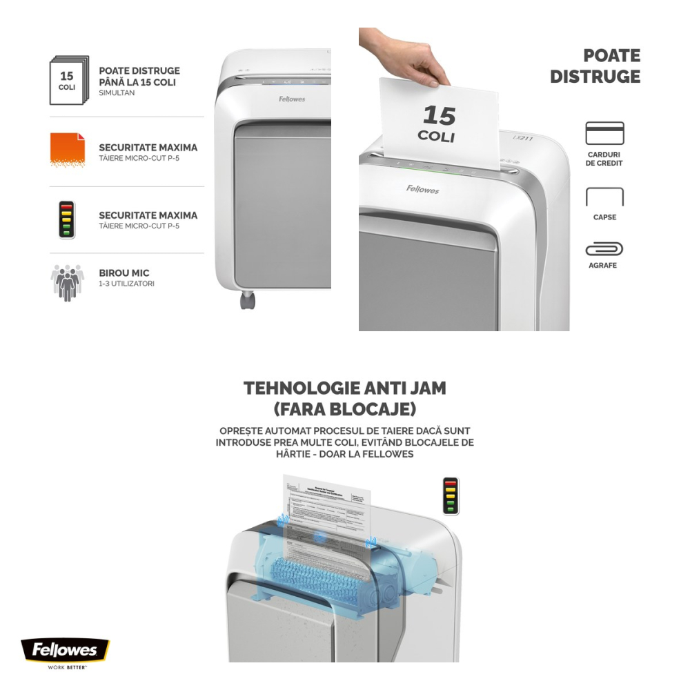 Distrugator de documente Fellowes Powershred LX211, taiere micro-cut P-5 in particule de 2x12 mm, 15 coli, cos de 23 l, Jam Proof, pentru 1-3 utilizatori, 533x362x296 mm, alb [4]