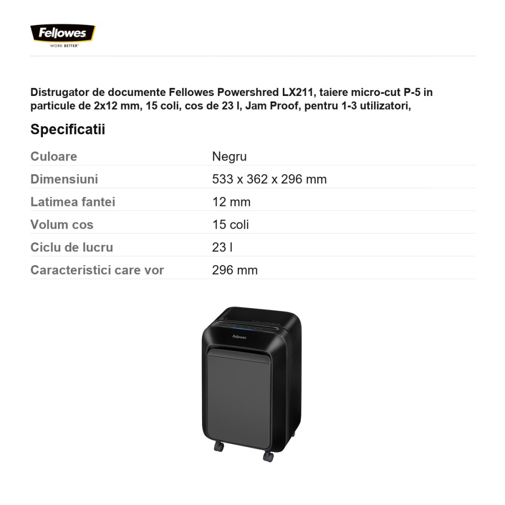 Distrugator de documente Fellowes Powershred LX211, taiere micro-cut P-5 in particule de 2x12 mm, 15 coli, cos de 23 l, Jam Proof, pentru 1-3 utilizatori, 533x362x296 mm, negru [3]