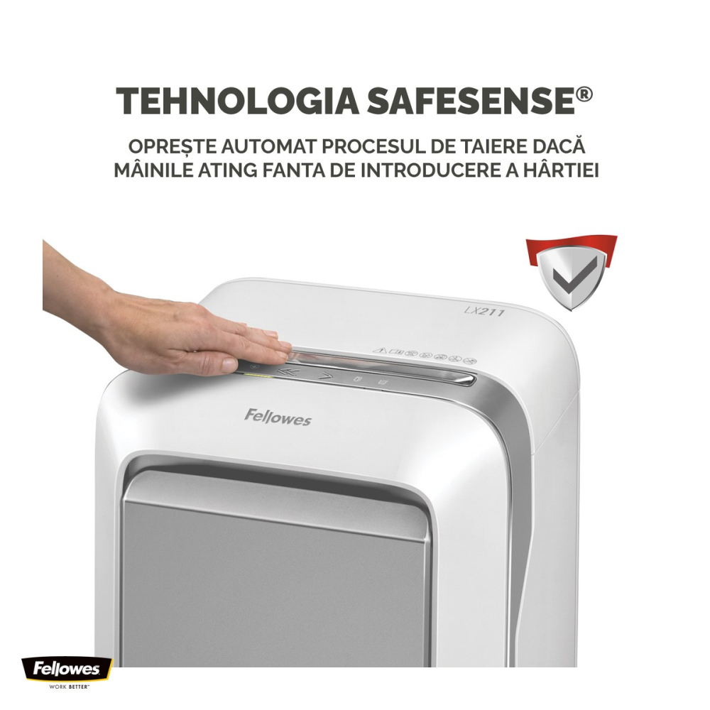 Distrugator de documente Fellowes Powershred LX211, taiere micro-cut P-5 in particule de 2x12 mm, 15 coli, cos de 23 l, Jam Proof, pentru 1-3 utilizatori, 533x362x296 mm, alb [5]