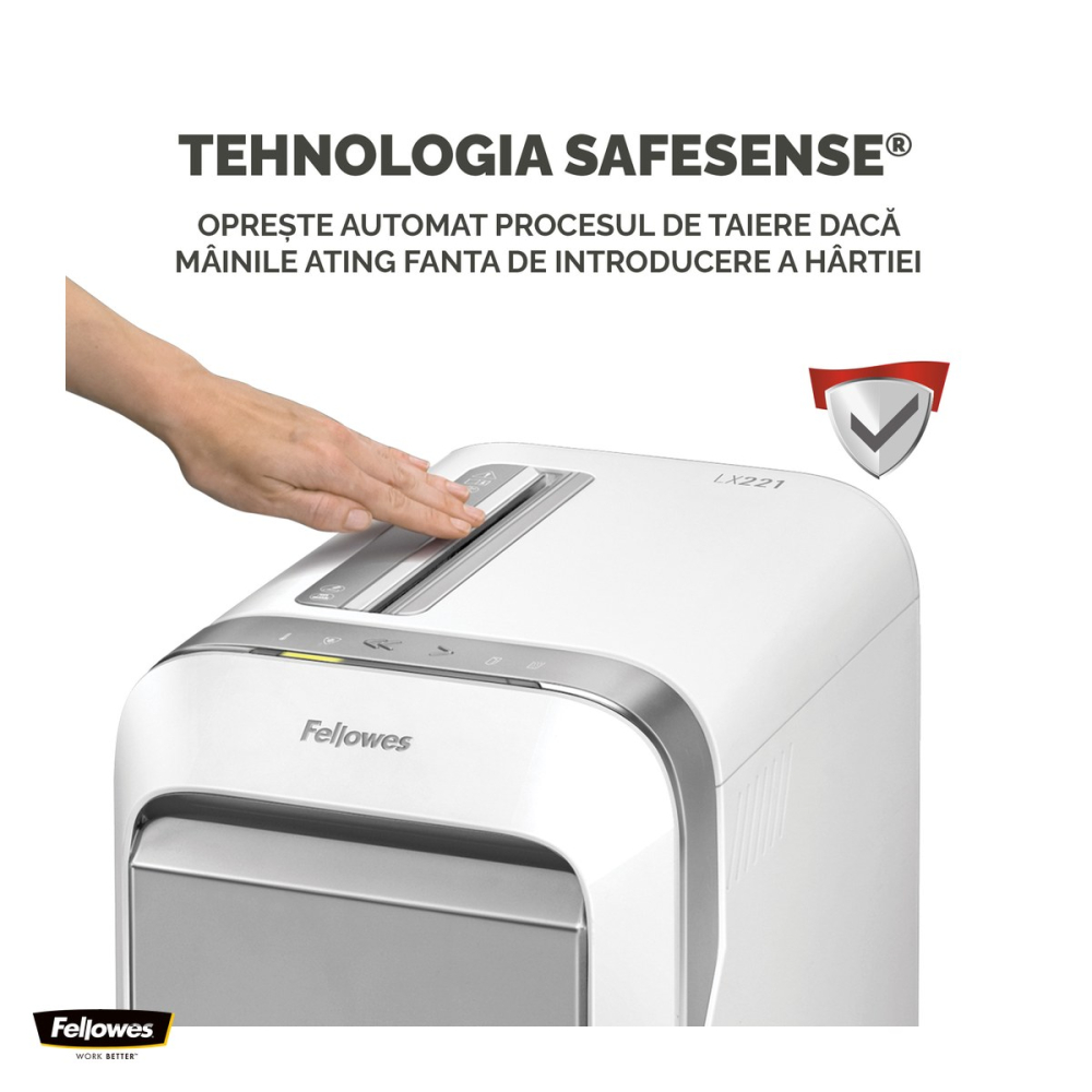 Distrugator de documente Fellowes Powershred LX221, taiere micro-cut P-5 in particule de 2x12 mm, 20 coli, cos de 30 l, Jam Proof, pentru 3-5 utilizatori, 590x419x299 mm, alb [5]