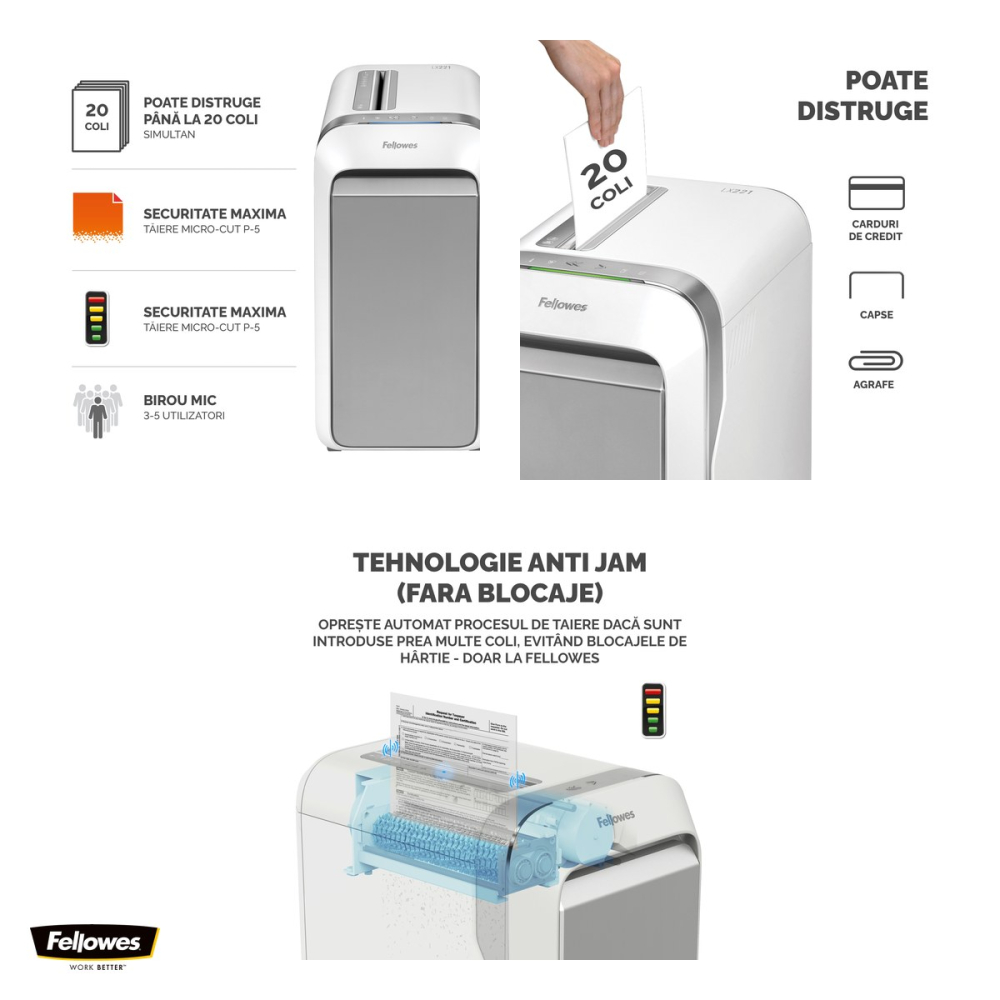 Distrugator de documente Fellowes Powershred LX221, taiere micro-cut P-5 in particule de 2x12 mm, 20 coli, cos de 30 l, Jam Proof, pentru 3-5 utilizatori, 590x419x299 mm, alb [4]