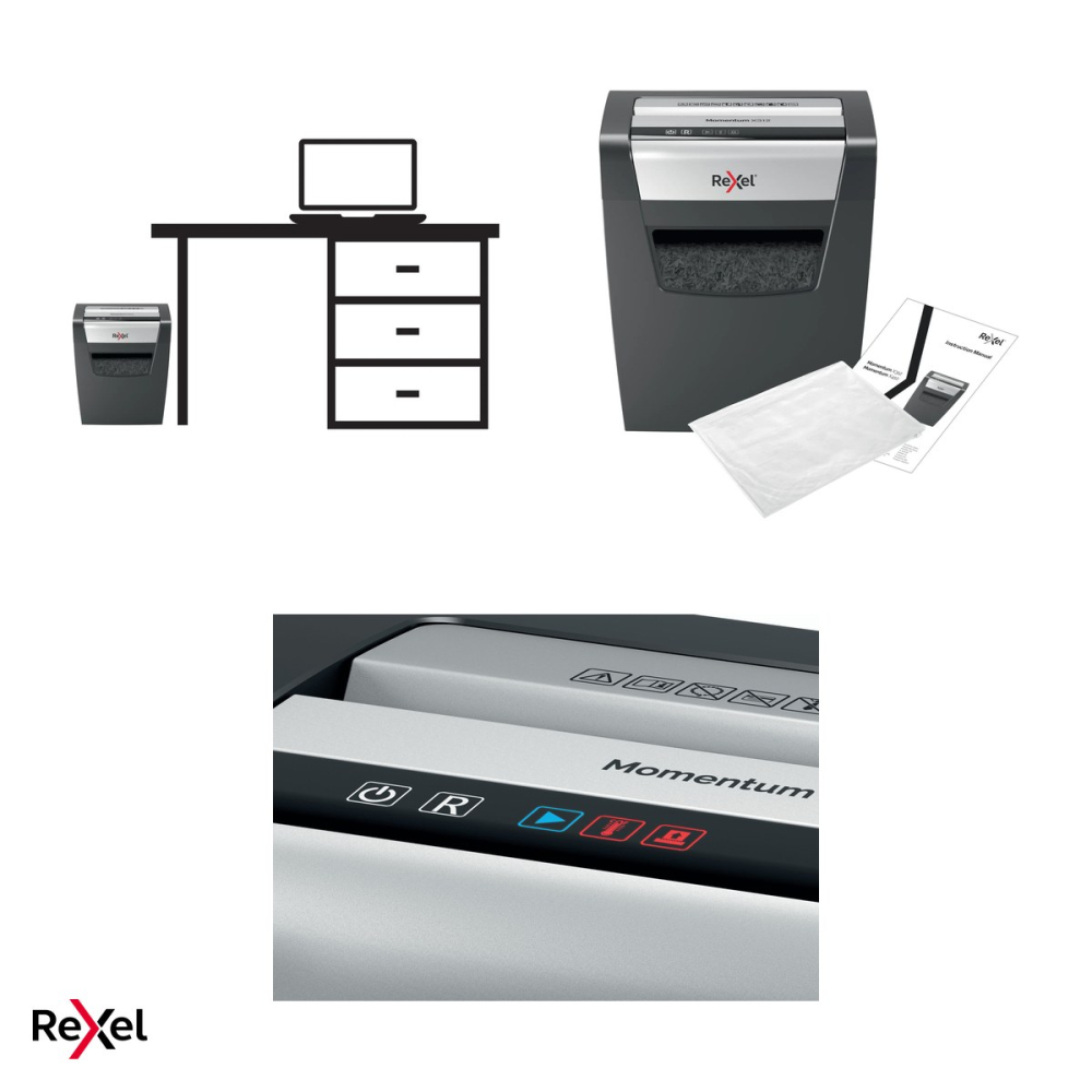 Distrugator de documente Rexel Momentum X312 cu alimentare manuala, taiere cross-cut P-3 in particule de 5x42 mm, 12 coli, cos de 23 l, anti-blocare, pentru acasa [6]