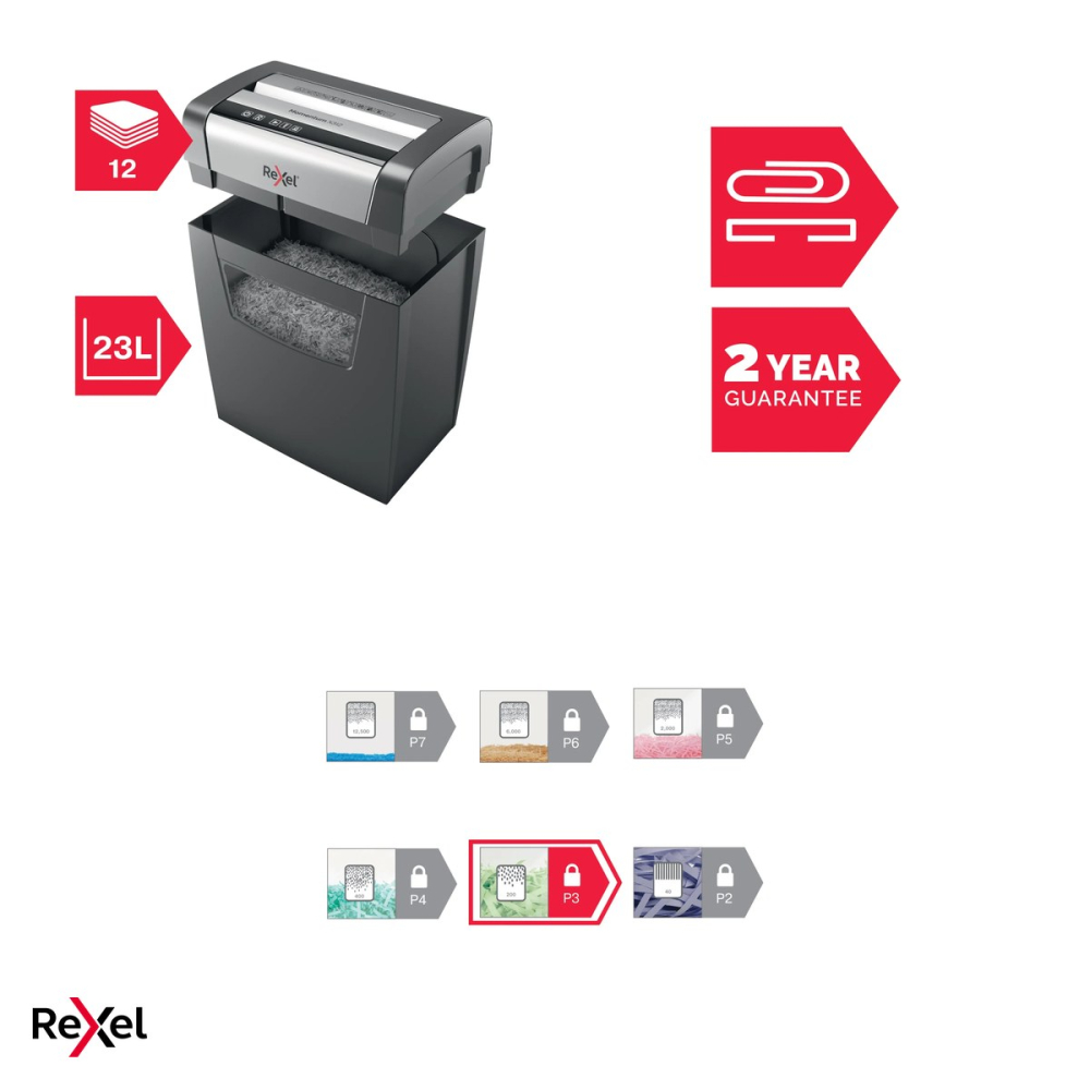 Distrugator de documente Rexel Momentum X312 cu alimentare manuala, taiere cross-cut P-3 in particule de 5x42 mm, 12 coli, cos de 23 l, anti-blocare, pentru acasa [5]