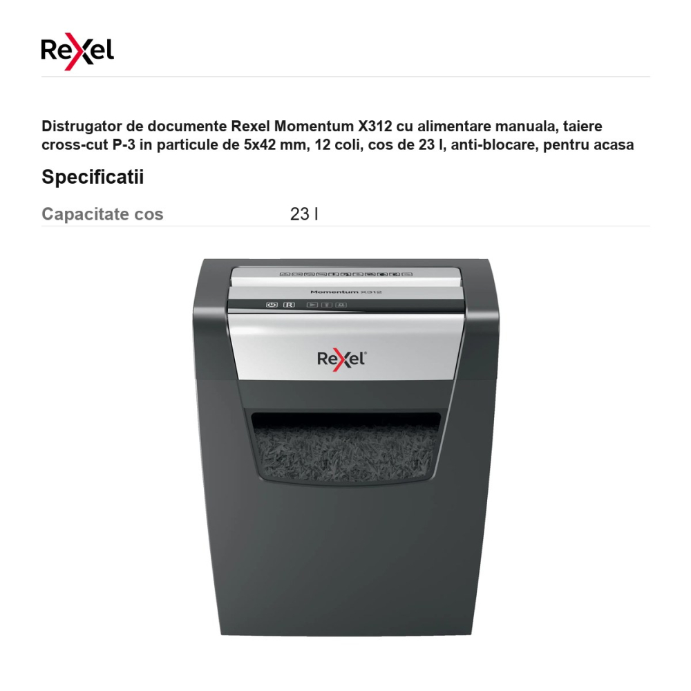 Distrugator de documente Rexel Momentum X312 cu alimentare manuala, taiere cross-cut P-3 in particule de 5x42 mm, 12 coli, cos de 23 l, anti-blocare, pentru acasa [3]